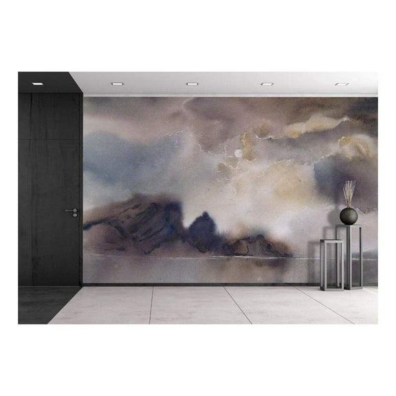 wall26 - Watercolor Landscape. Clouds, Fog Over The Lake - Removable Wall Mural | Self-Adhesive Large Wallpaper - 66x96 inches