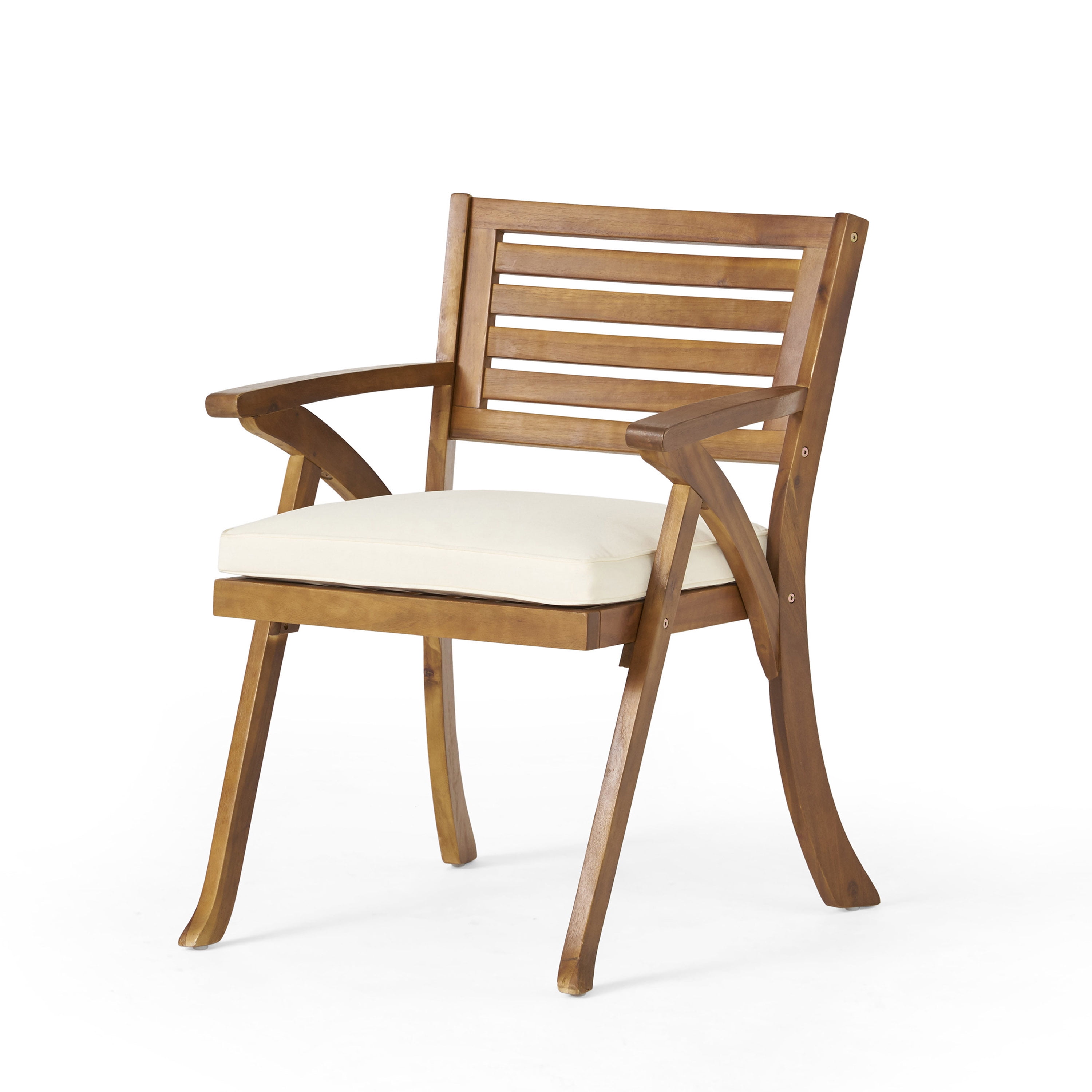Outdoor Cushioned Wood Frame Dining Chair Set of 2, Comfort Household Seats for Patio Garden, Teak and Cream