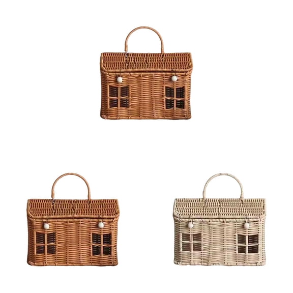 UJMNHYGT Rattan House Shape Storage Basket with Lid Small Doll House, Decorative Hand Woven Shelf Organizer with Folding Handle, Natural Harvest Wicker Basket for Picnics Organizing Storage Easter