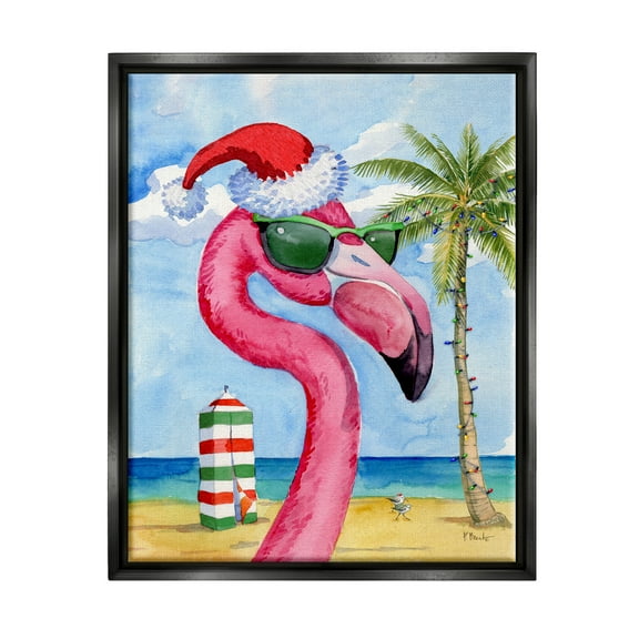 Stupell Industries Flamingo Tropical Christmas Holiday Painting Black Floater Framed Art Print Wall Art, 17 x 21