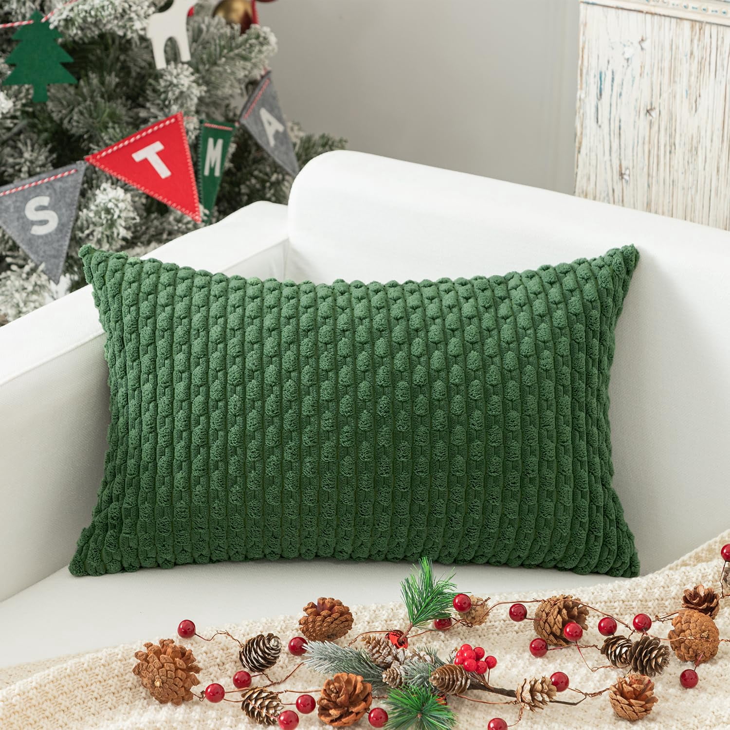 Holzlrgus Throw Pillow Covers 12x20 inch Soft Striped Decorative Cushion Cases with Hidden Zipper for Couch Sofa Bed, 2 Pieces, Dark Green