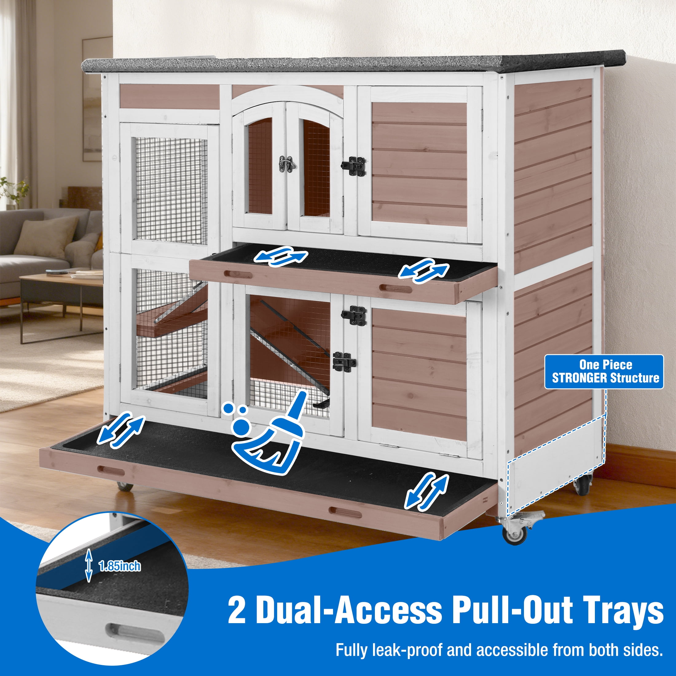 Suumerpety Rabbit Hutch Indoor Bunny House Guinea Pig Cage with Slide-Out Tray Wooden Small Animal Cage with Wheels & Ramp for Rabbits and Bunnies