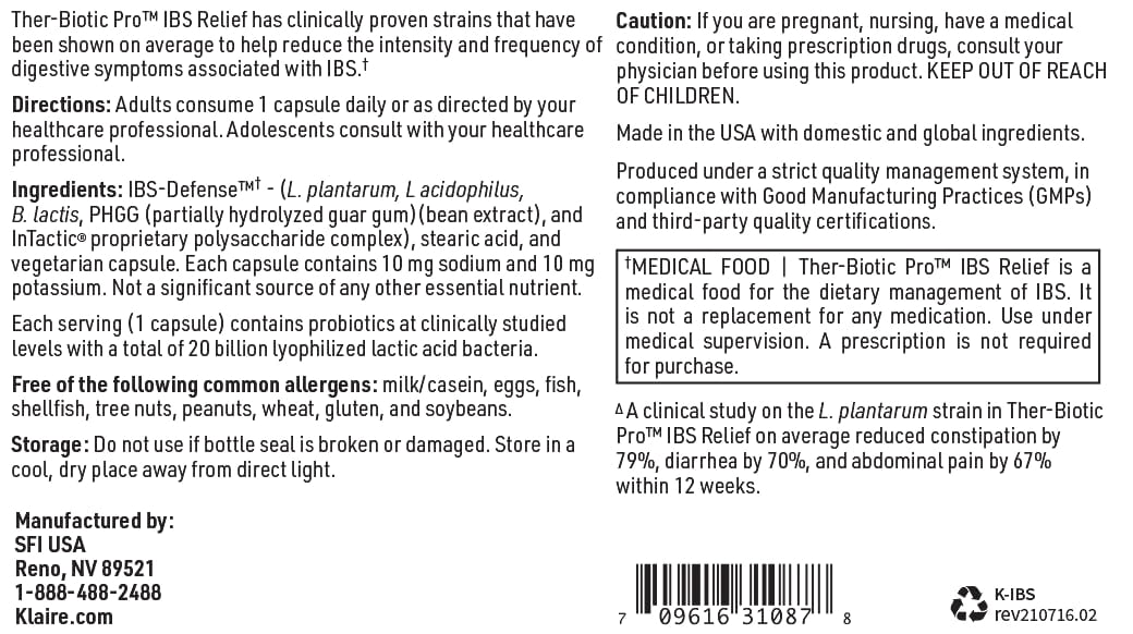 Klaire Labs SFI Health Ther-Biotic Pro IBS Relief for Women & Men - Prebiotics & Probiotics for IBS & Digestive Health - Ease Occasional Bloating, Constipation & Discomfort (21 Capsules)