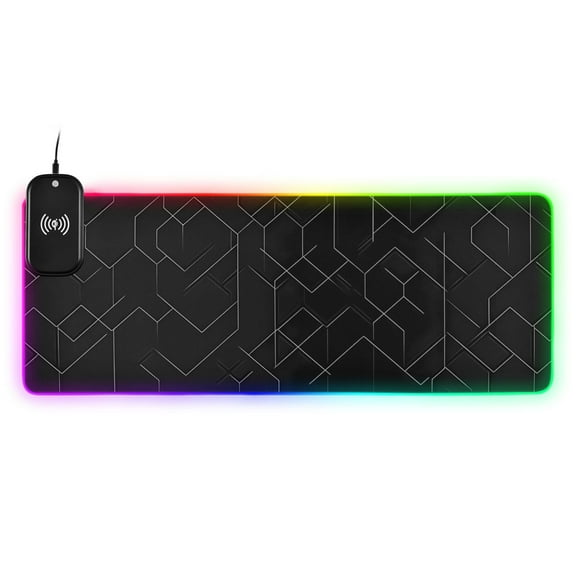RGB Gaming Mouse Pad 15W Wireless Charging Large Waterproof Desk Mat 13 Light Modes Mousepad 31.5x11.8 Black Simple Geometric Lines