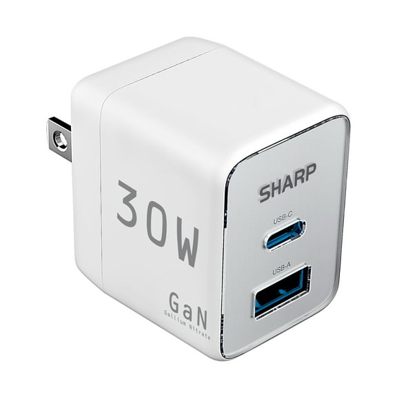 Sharp USB C Charger - 30W, Dual Port (USB A C) Compact Foldable GaN Fast Charge for iPhone 15/15 Pro/15 Pro Max/14/13/12, Pad Pro/AirPods and More, White, GW-30PDA300U1-WHT