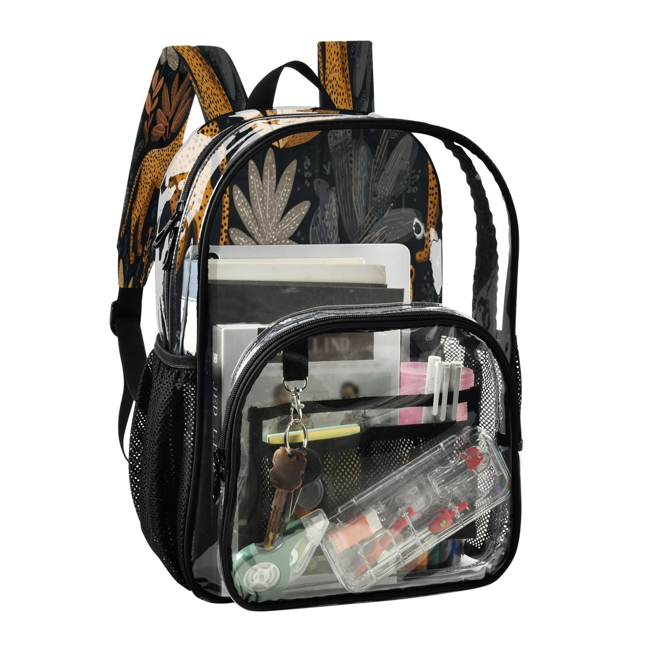 PVC Transparent Backpacks Clear Backpack for Travel and Outings Cheetahs and Jungle Foliage Pattern