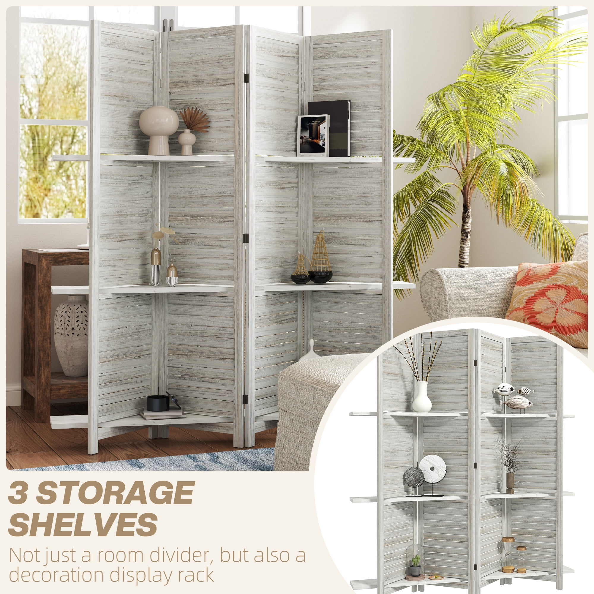 HOMCOM 4 Panel 67" Tall Wood Privacy Screen Room Divider with 3 Display Shelves, and Folding Storage for Bedroom or Home Office, Distressed White