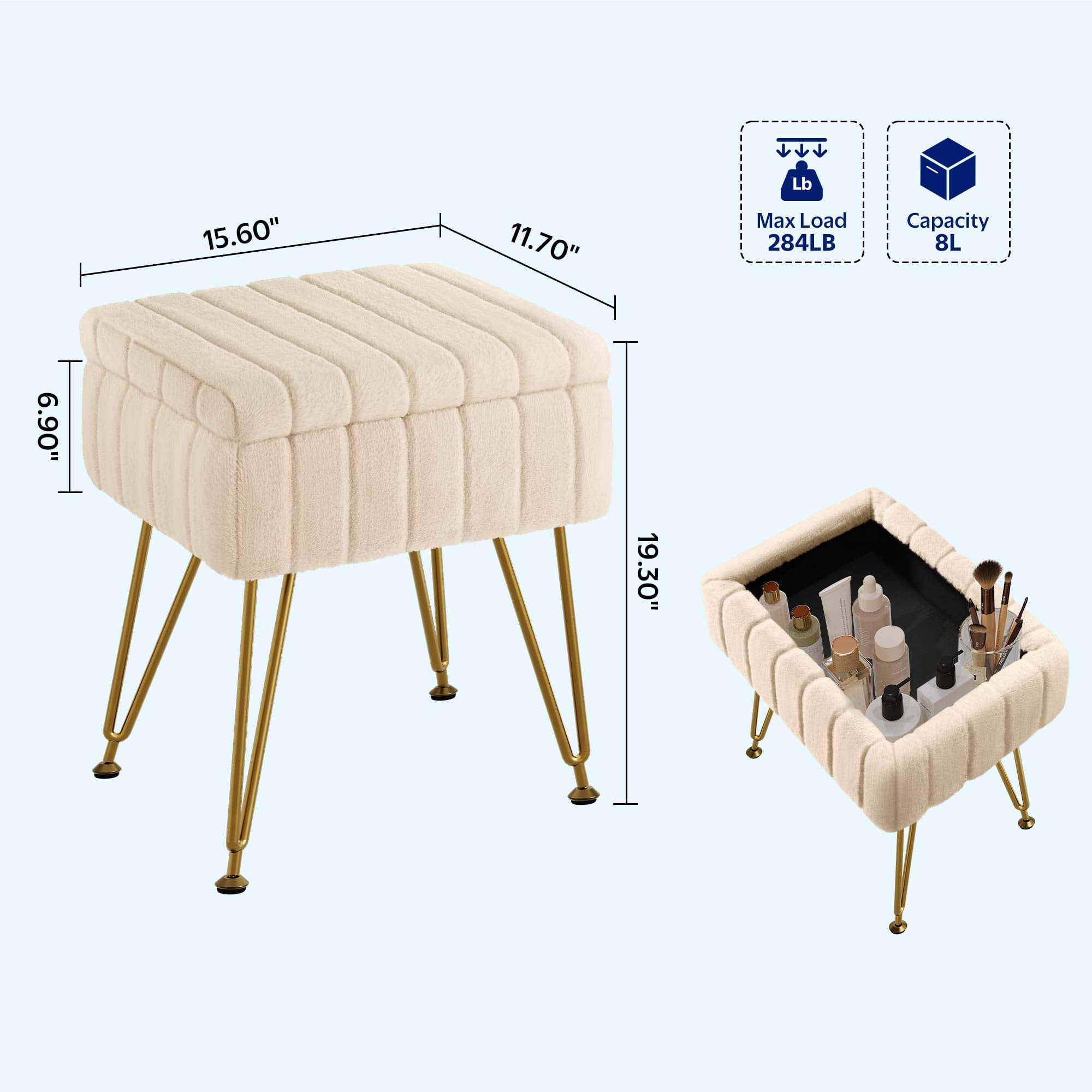 Greenstell Footstools Ottoman Bench with Storage, 15.5”L x 11.6”W x 19.2”H Vanity Faux Fur Padded Stool with Coffee Table Padded Seat and Adjustable Feet for Makeup Bedroom Entryway, Camel