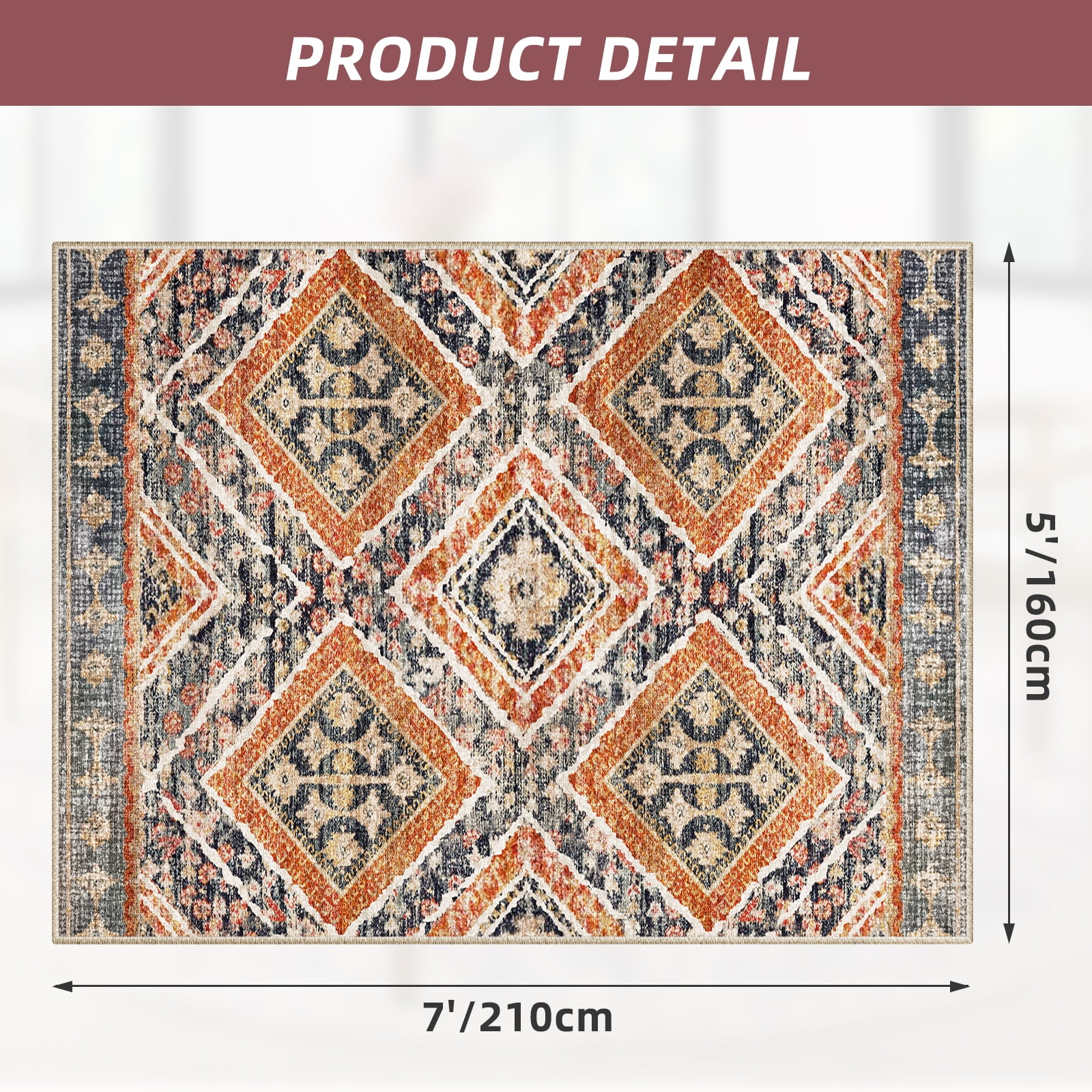 5'x7' Area Rugs for Living Room, Machine Washable Non-Slip Carpet, Soft Faux Wool Low Pile Moroccan Farmhouse Western Rug, Orange