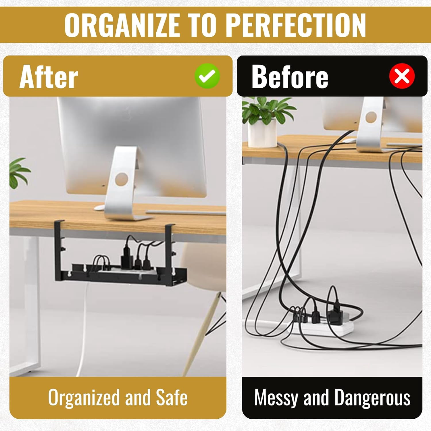 Premium Under Desk Cable Management Tray - Set of 2 - No Drill Under Desk Wire Management with Upgraded Clamp, Metal Cord Cable Organizer for Desks, PC Cable Management Rack – Black