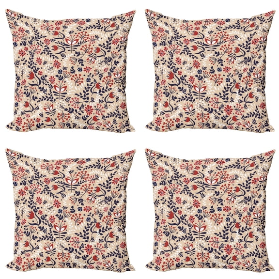 Ambesonne Floral Throw Pillow Cover 4 Pack, Abstract Blossoms Leaves, 20", Beige Red White