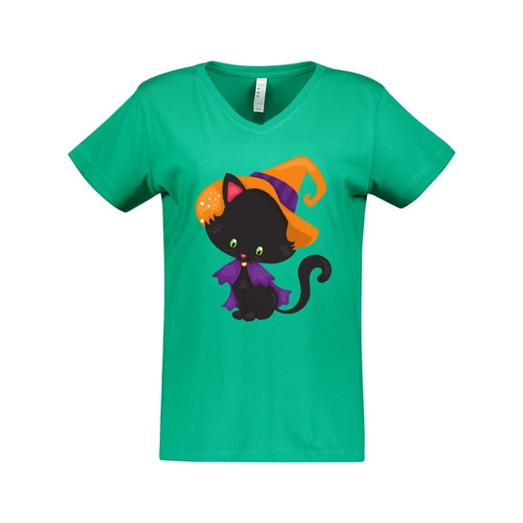 Inktastic Black Cat, Cat Wearing Witch Hat, Halloween Women's V-Neck T-Shirt