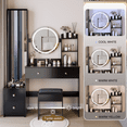 thumbnail image 3 of Full Body Mirror Cabinet + Round Mirror LED Vanity Table + Cushioned Stool, 17" diameter LED Mirror, Touch Control, 3-color, Brightness adjustable, Large Desktop, Multi-layer High Capacity Storage, 3 of 9