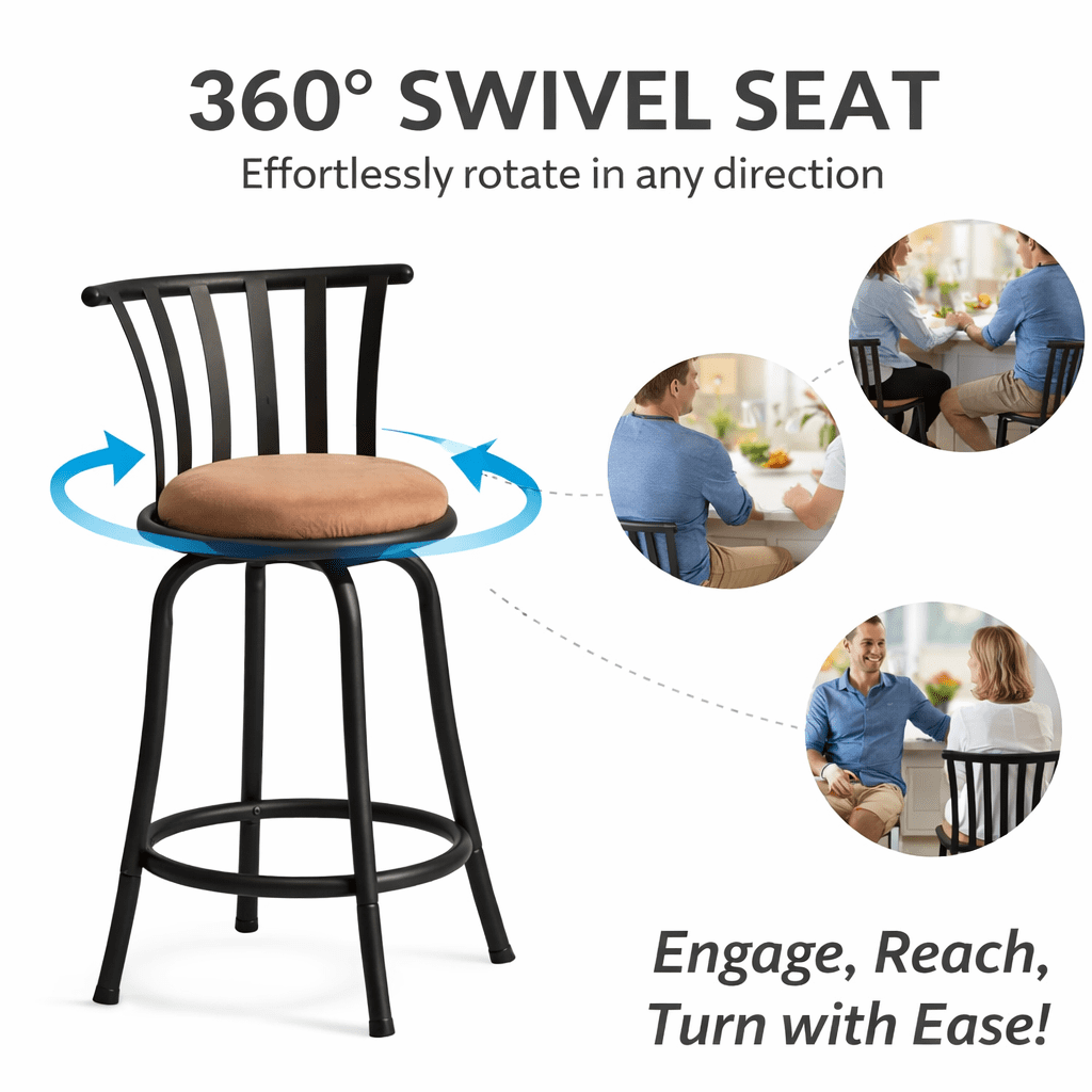 FurnitureR Modern Swivel Bar Stools Set of 3, 24" - 29" Adjustable Counter Height Chairs with Low Back and Sturdy Metal Frame, Brown Suede Seat for Kitchen Island, Dining Room and Home Bar