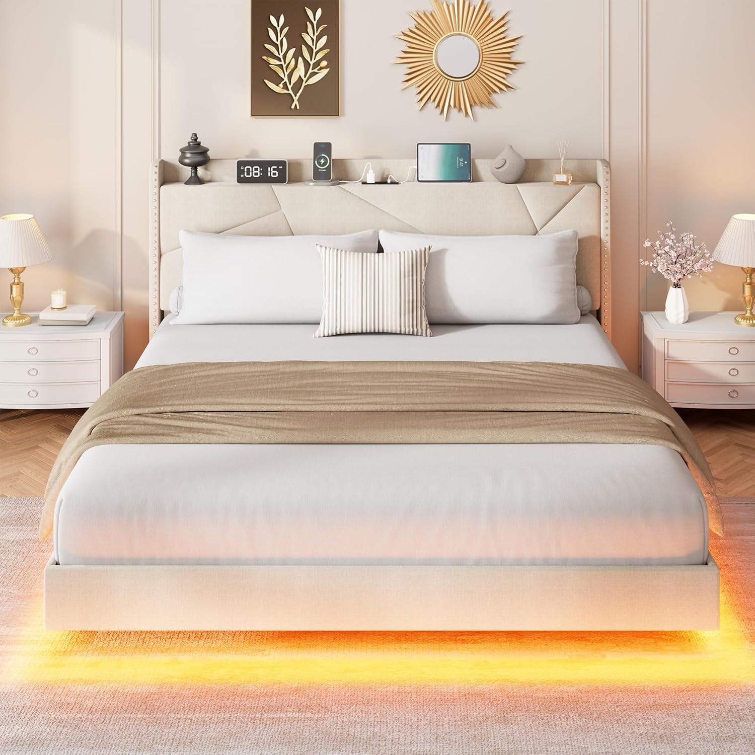 King Size Floating Metal Bed Frame with RGB LED Lights and Charging Station, Upholstered Platform Bed with Storage Headboard and Button Tufted Design, No Box Spring Needed