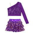 thumbnail image 4 of Alvivi Girls Sequins Long Sleeve One Shoulder Latin Jazz Dance Crop Top with Ruffle Skirted Shorts Purple 14, 4 of 7