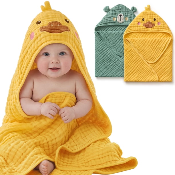 Toalla con capucha para bebé Blissful Diary Muslin, paquete de 2 unidades, Smart Bear & Duck
