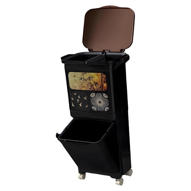 Cubo de Basura Cocina Reciclaje con Ruedas Compartimiento Extraíble Tapa Fácil Y Separador Seco Húmedo Adecuado para Restaurantes Oficinas Hogares Apa Negro