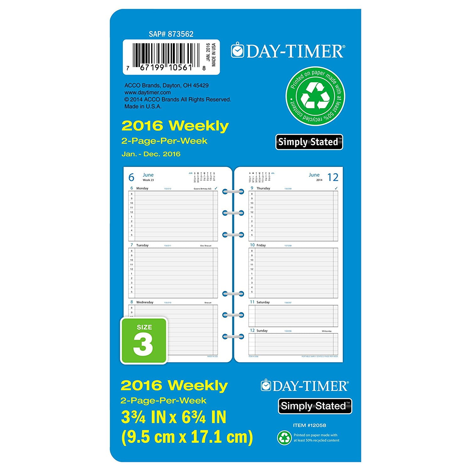 Day timer simply stated weekly planner refill 2016 12 months loose