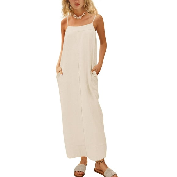 Vestido largo ReachMe de lino para verano con tirantes finos y aberturas en color beige