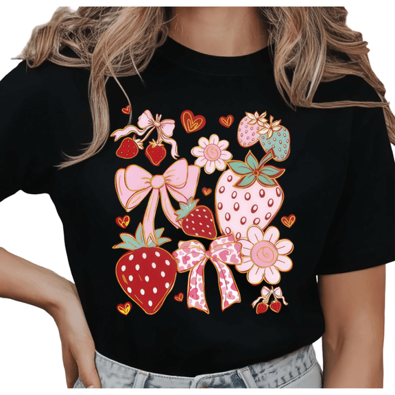 Women's Aesthetic Strawberry Bow Daisy Heart Graphic Casual T Shirt Comfortable Short Sleeve Round Neck Top Black S-5XL
