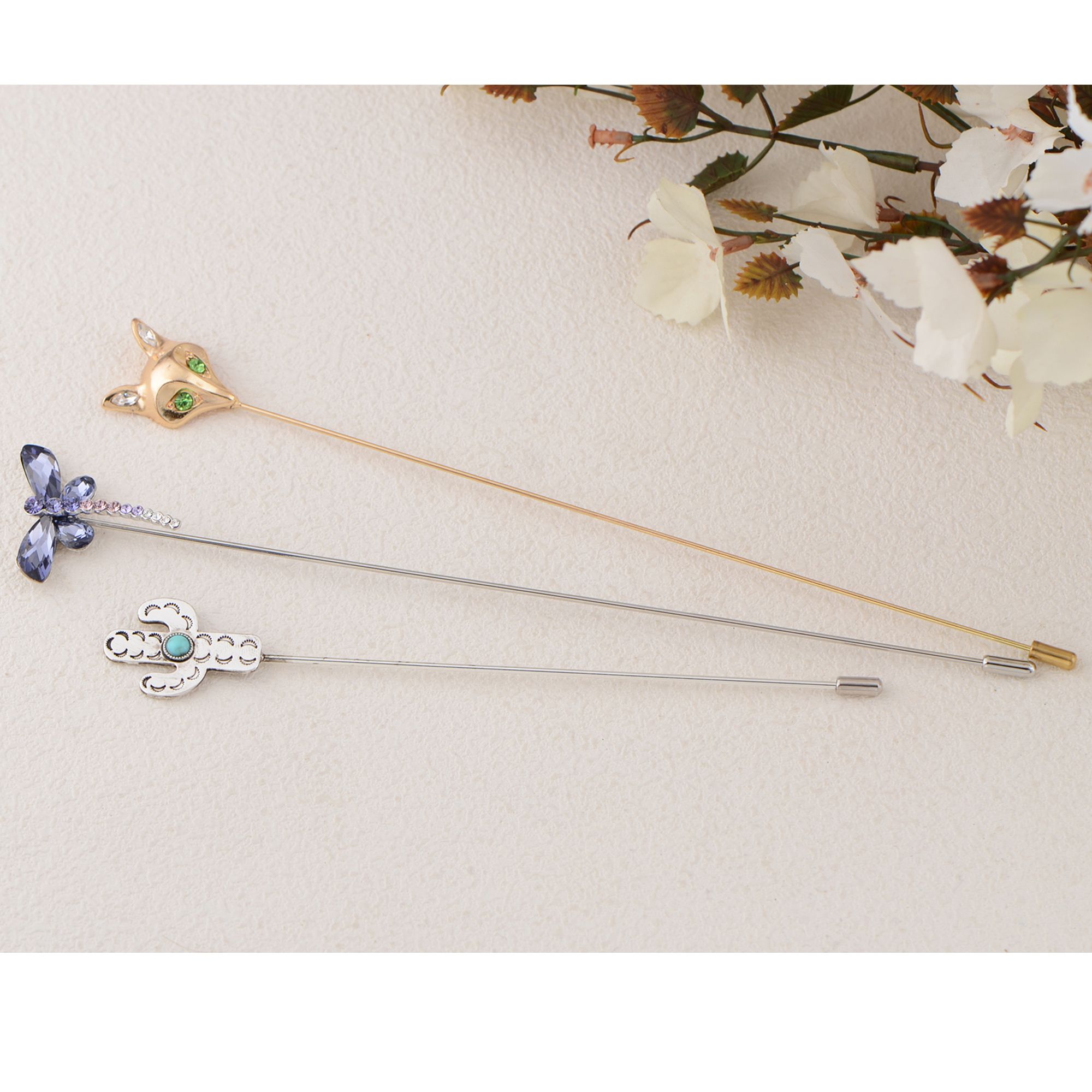 Vintage 3Pcs Long Stick Hat Pins Crystal Flower Butterfly and Pearl Details for Classic Hat Lapel and Scarf Accessorizing - 3pcs Animal
