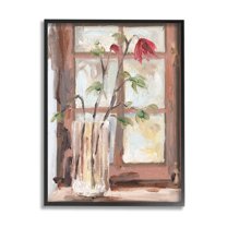 Stupell Industries Soft Red Florals Window Pane Flower Vase Botanical & Floral Painting Black Framed Art Print Wall Art, 11 x 14