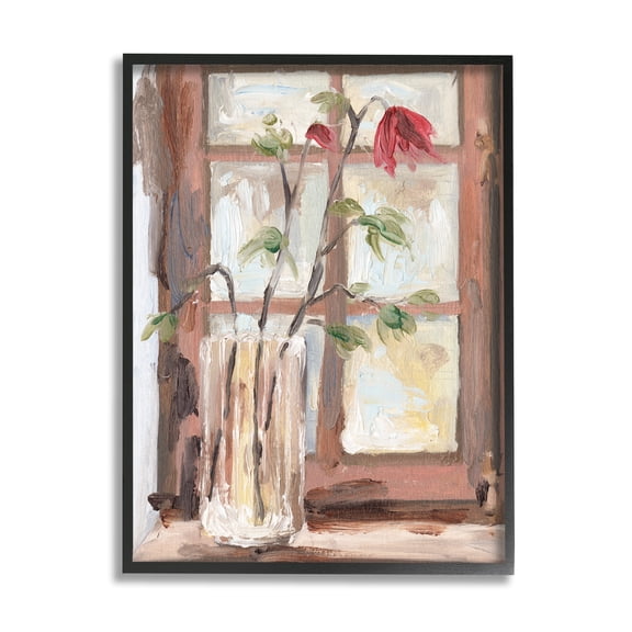 Stupell Industries Soft Red Florals Window Pane Flower Vase Botanical & Floral Painting Black Framed Art Print Wall Art, 11 x 14