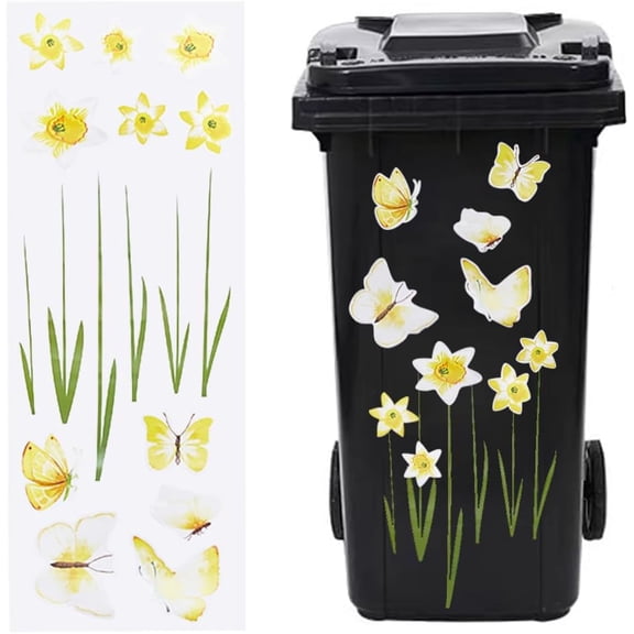Wheelie Flower Stickers Waterproof Trash Stickers for Trash Cans Decorative Plant Butterfly Decals Self Adhesive Floral Outdoor Trash Can Sticker for Refrigerator Window Wall Door Yellow for DIY