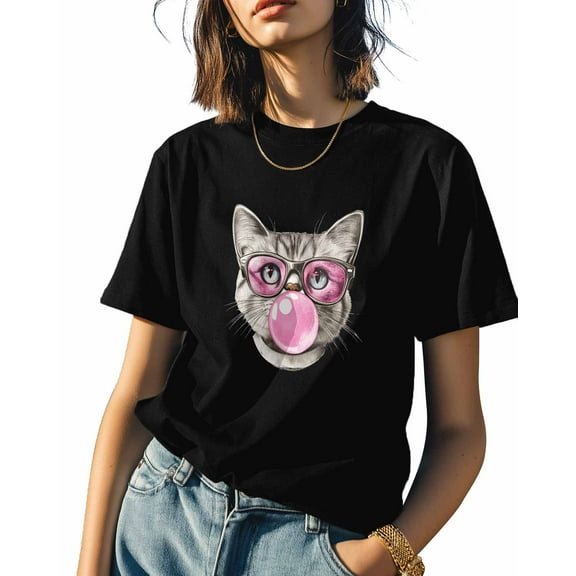 Women's T-Shirts, Cat in Glasses Pink Bubble Animal Cotton Crewneck Tee Short Sleeve Casual Tops Loose Graphic T-Shirt Black, L