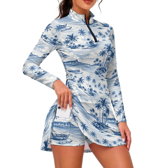 Xixirimido Blue Palm Trees Boats Print Women Long Sleeve Golf Dress, Mini Tennis Dress with Built-in Shorts, Quick Dry Breathable Workout Sports Athletic Dress, Medium