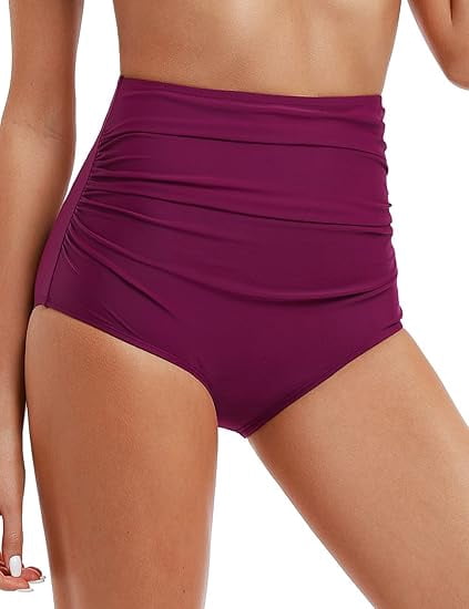 Hilor Women's High Waisted Bikini Bottom Shirred Hispter Tankini Briefs Swim Shorts