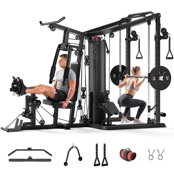 FORGEMUS Smith Machine Power Cage, Multi-Function Home Gym System with 150LB Weight Stack,LAT Station for Full Body Strength Training