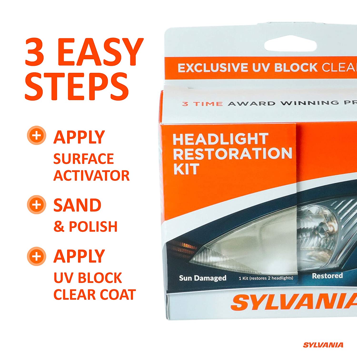 SYLVANIA - Headlight Restoration Kit - 3 Easy Steps to Restore Sun Damaged Headlights With Exclusive UV Block Clear Coat, Light Output and Beam ...