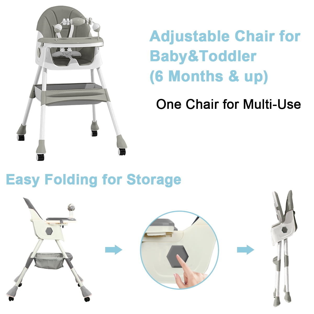 FACNOATIHN Baby High Chair, 4-in-1 Foldable Highchair Dining Feeding Chair with Five-Point Harness Double Dining Plate & Toy Rack, Infant to Toddler, Gray
