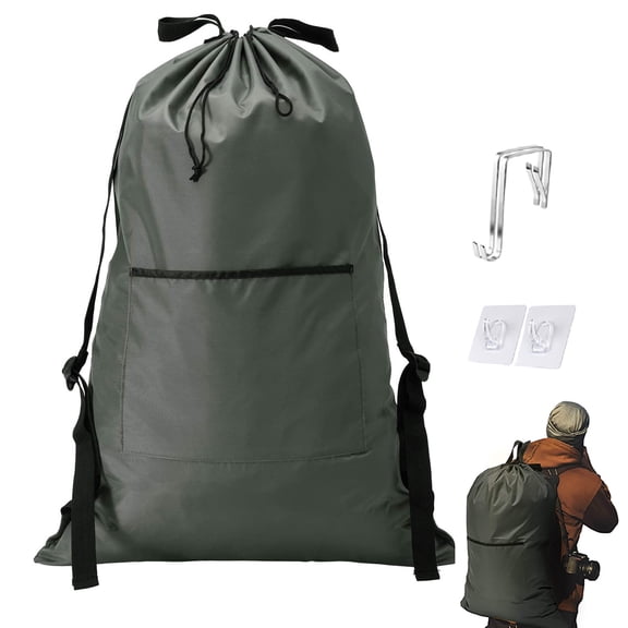 KINGSUSLAY Camping Laundry Backpack, Hanging on Laundry Bag, Travel Laundry Bags,Door Hanging Laundry and Overy theDoor Basket for Dirty Clothes(30x20Inch,Grey)