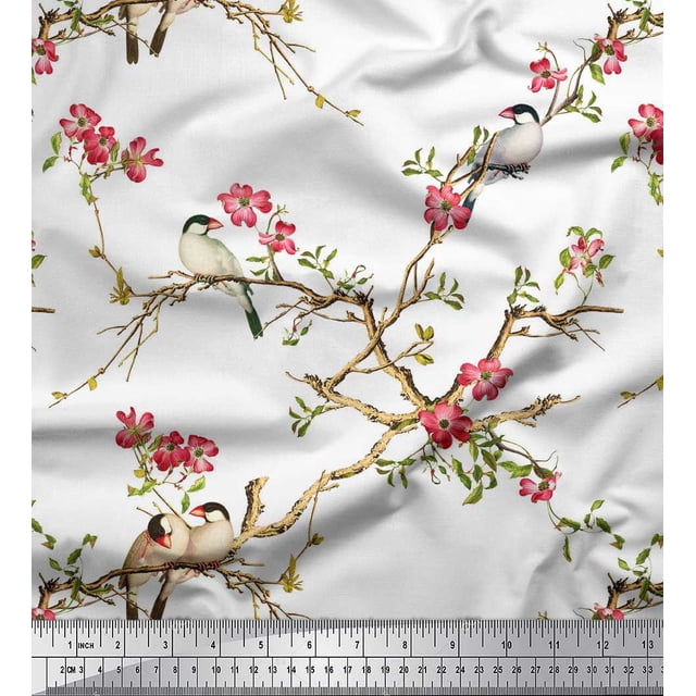Soimoi White polyester Crepe Fabric Floral & Franklin Gull Bird Print Sewing Fabric Yard 52 Inch Wide