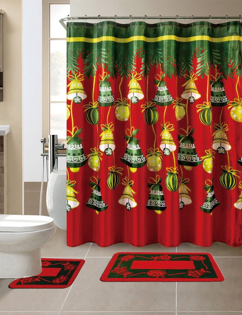 Home Bathroom Mat Rug Set with Matching Shower Curtain & Roller Hooks. 