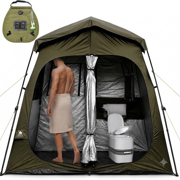 QUIETLEMON 7.5FT Shower Tent, 2-Room Portable Privacy Tent with Shower Bag, Outdoor Camping Toilet & Dressing Room, Instant Pop Up Shelter for Beach, Camping & Hiking