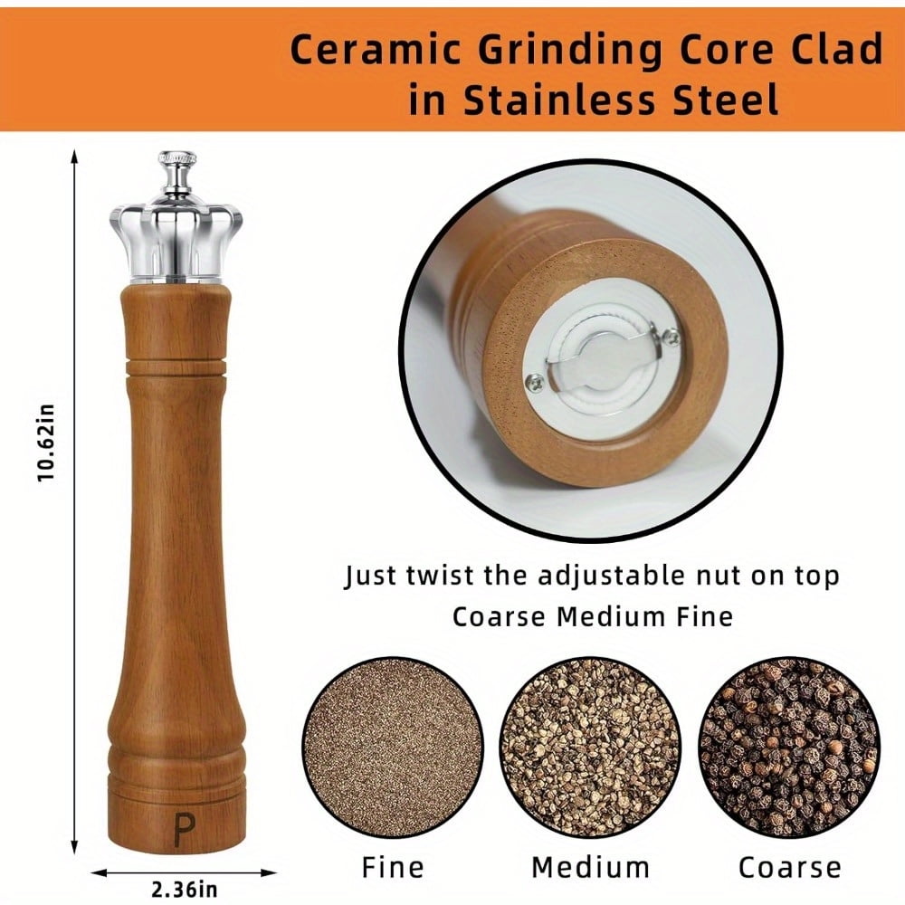 2 Pack-10 Inch Wood Salt and Pepper Grinder Set, Salt and Pepper Mill Set, Elegant Spice Shaker with Crown Lid, Kitchen Table Decor Adjustable Ceramic Core