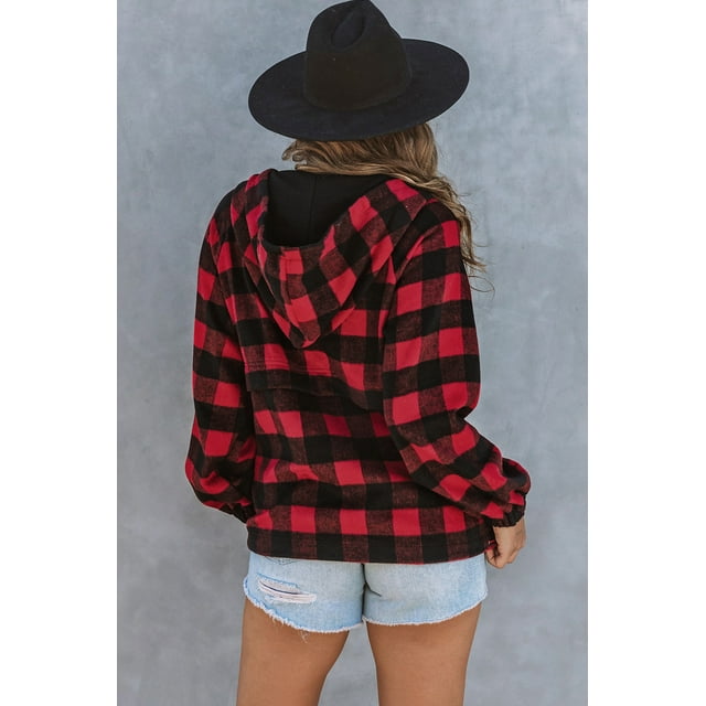 ABPHQTO Sudadera con capucha y bolsillo delantero con cremallera a cuadros de búfalo rojo para mujer