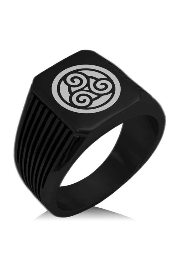 Stainless Steel Celtic Triskele Triskelion Circle Knot Needle Stripe Pattern Biker Style Polished Ring