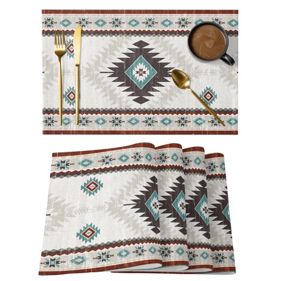 Vintage Boho Tribal Pattern Placemats Set of 6,Wipeable Washable Table Mats for Dining Tables, Red Mottled Geometric Place Mats for Kitchen Event Party Tabletop Decor