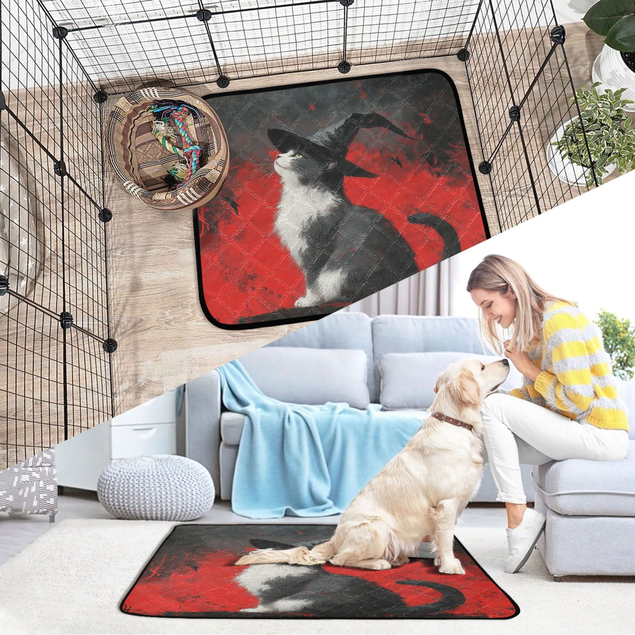 Qxltty Black Hat Cow Cat Cat litter Pads Pet Set of 3 Diaper Mats Center Anti-leakage Layer Absorbent Soft and Comfortable