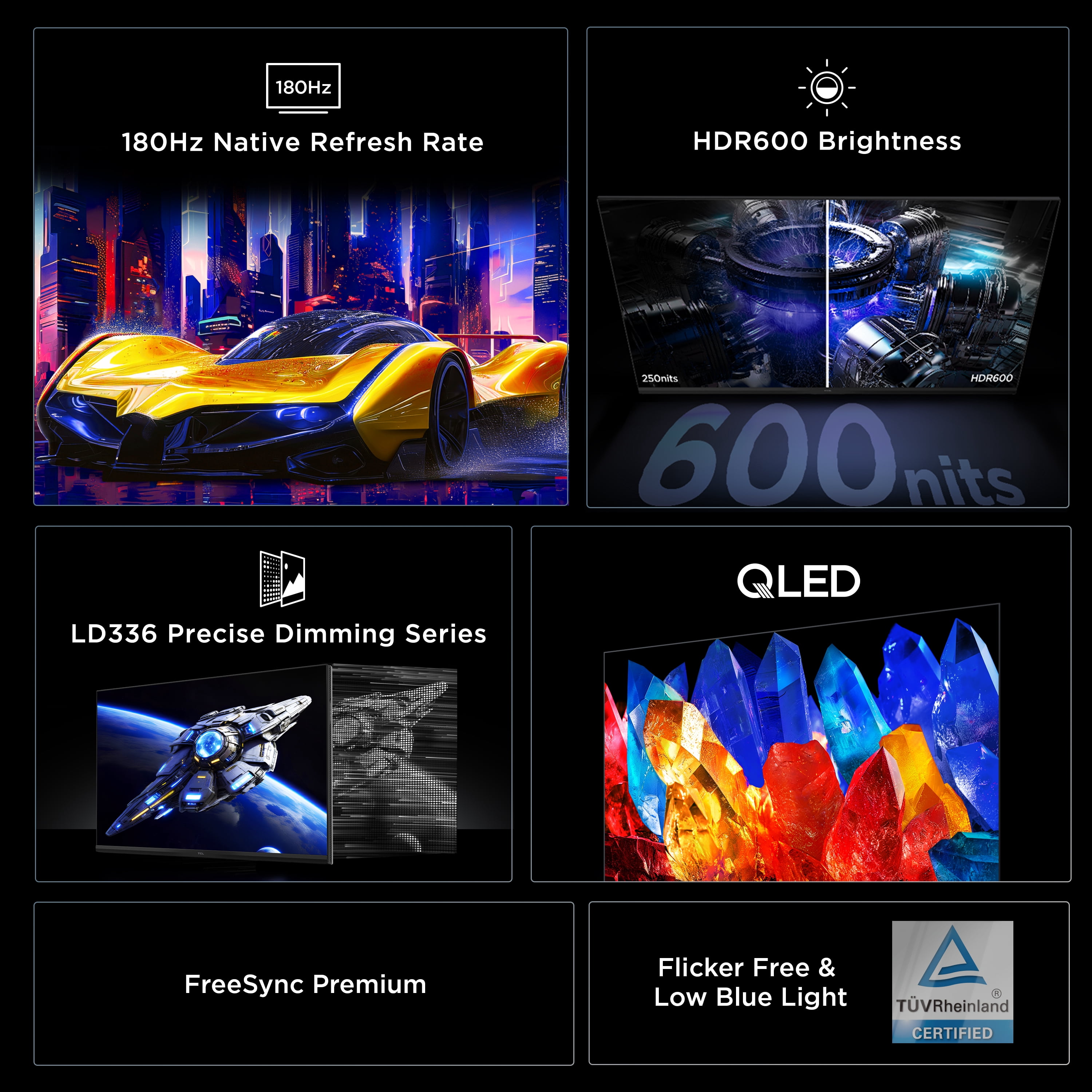 TCL 32” G64 Series QHD HDR QD-Mini LED Gaming Monitor, 180Hz Refresh Rate, LD336 Precise Dimming Series, HDR600 Brightness, 1ms, AMD FreeSync