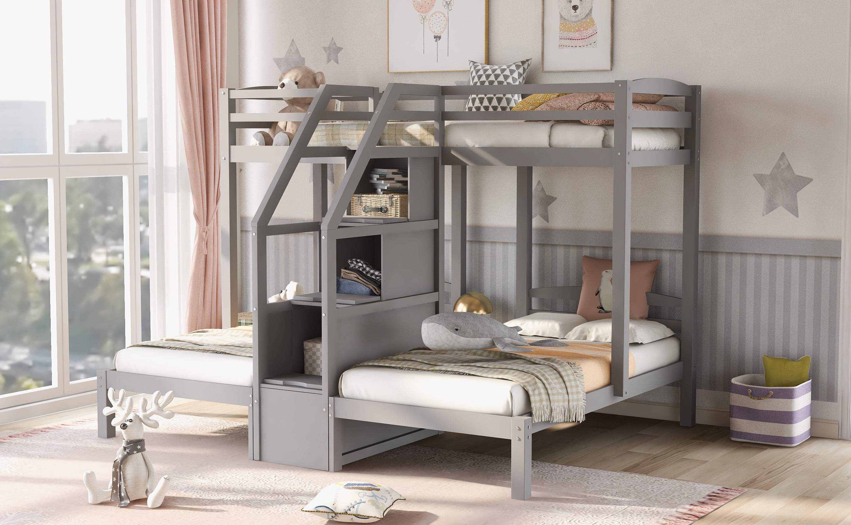EUROCO Twin over Twin & Twin Bunk Bed with Staircase and Drawers for Kids Teens Bedroom, 3-in-1 Bunk for More Kids, Storage Staircase, Gray