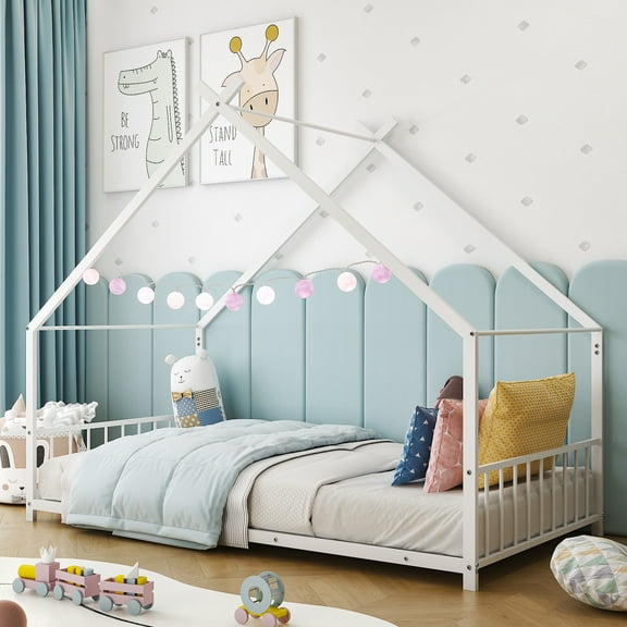 Zimtown Twin Size Montessori Floor Bed, Metal House Bed Frame for Kids, Girls, Boys, Teen, White