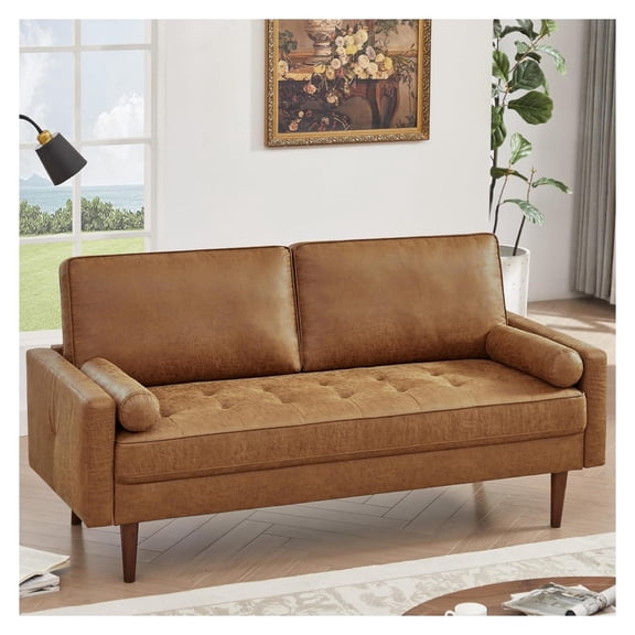57" Loveseat Sofa Couch, Century Modern Faux Leather Couch, Brown