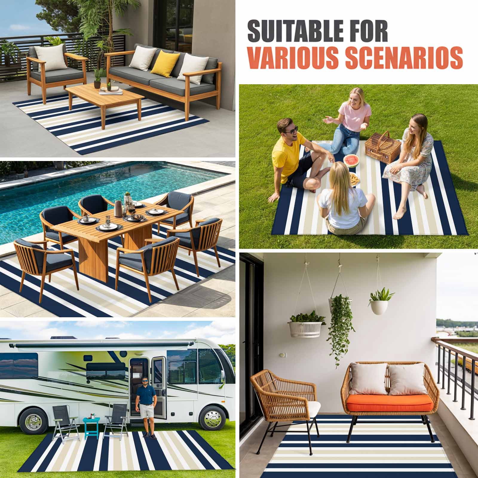 Navy Blue Khaki Striped Outdoor Rug for Patio/Deck/Porch, Non-Slip Large Area Rug 4 x 6 Ft, Modern Minimalist Ombre Lines Indoor Outdoor Rugs Washable Area Rugs, Reversible Camping Rug Carpet Runner