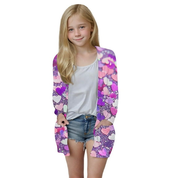 BFHHYA Girls' Sequin 3D Print Cardigan Lightweight Long Sleeve Open Front Jacket with Pockets, for Indoor Activities & Birthday Parties(5-14Y)